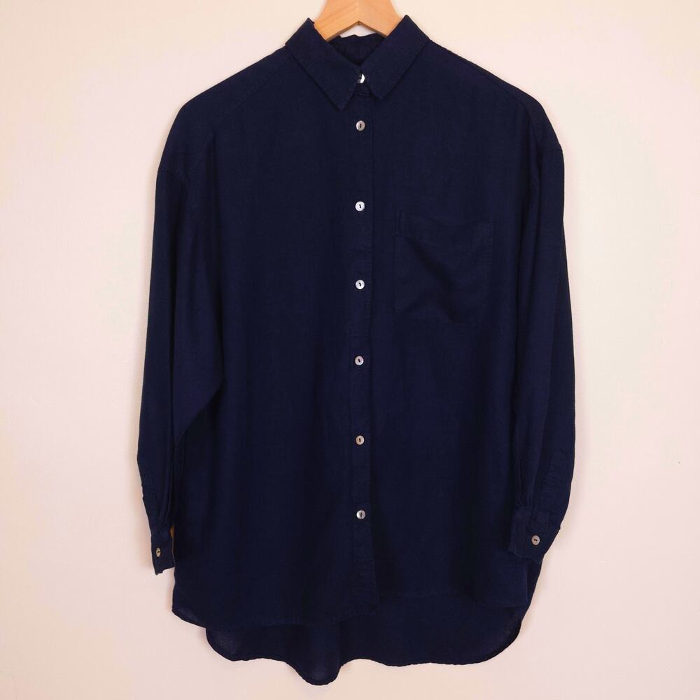 Vintage Laura Ashley Linen Blend Navy Blue Timeless Classic Button-Down Shirt